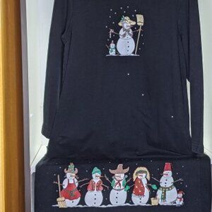 Black Midi Dress Snowmen Cotton Long Sleeve